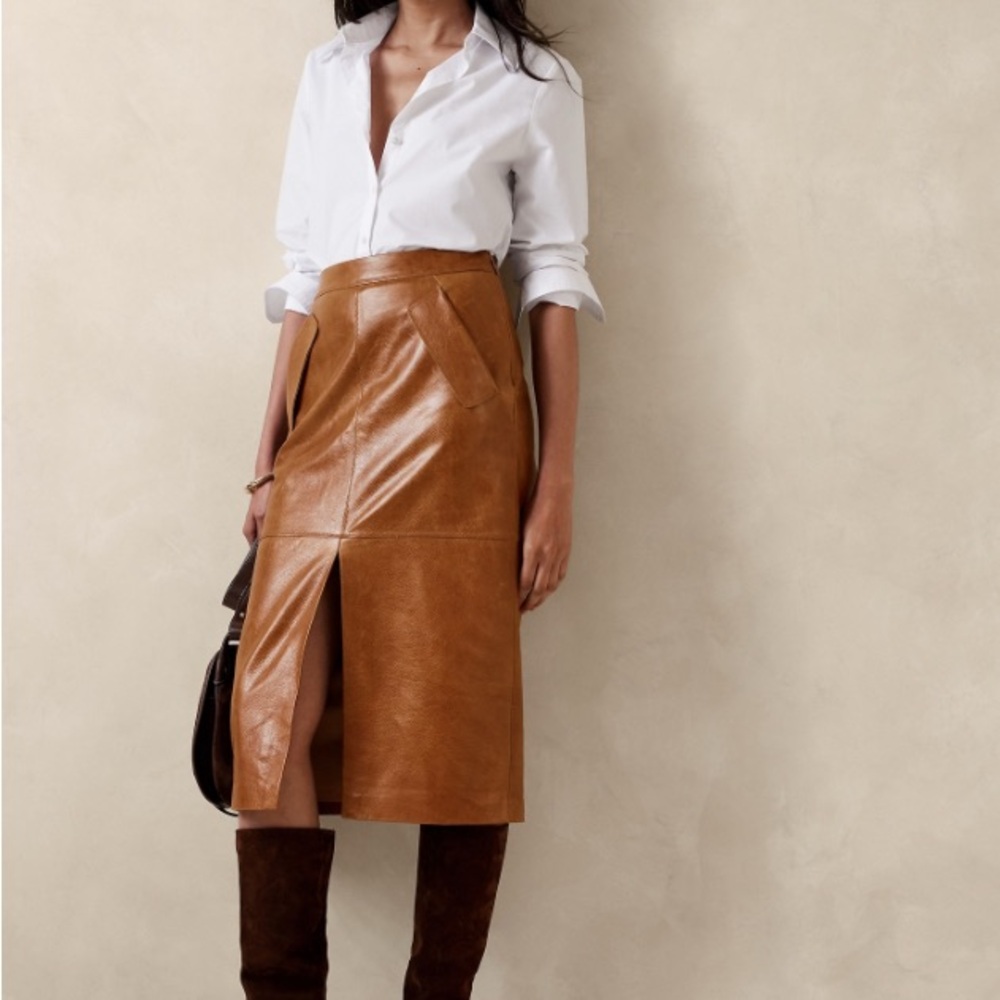 Banana Republic Deina Tan Midi Leather Skirt
